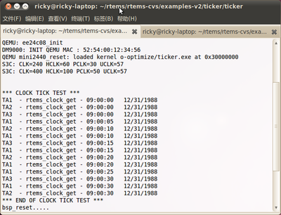 RTEMS ticker测试用例在ARM QEMU的效果