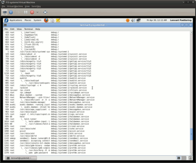 That's an excerpt of the output of ps xaf -eo pid,user,args,cgroup showing how neatly the processes are sorted into the cgroup of their service. (The fourth column is the cgroup, the debug: prefix is shown because we use the debug cgroup controller for systemd, as mentioned earlier. This is only temporary.)